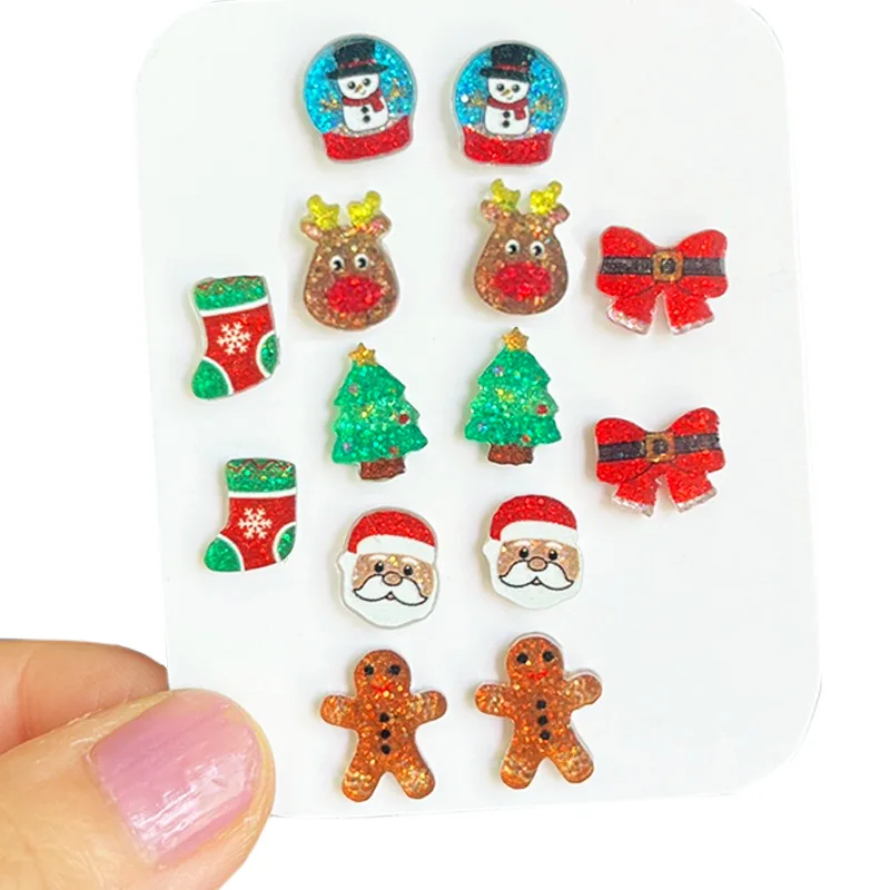 Small Glitter Acrylic Santa Reindeer Gingerbread Man Christmas Tree Holiday Stud Earrings