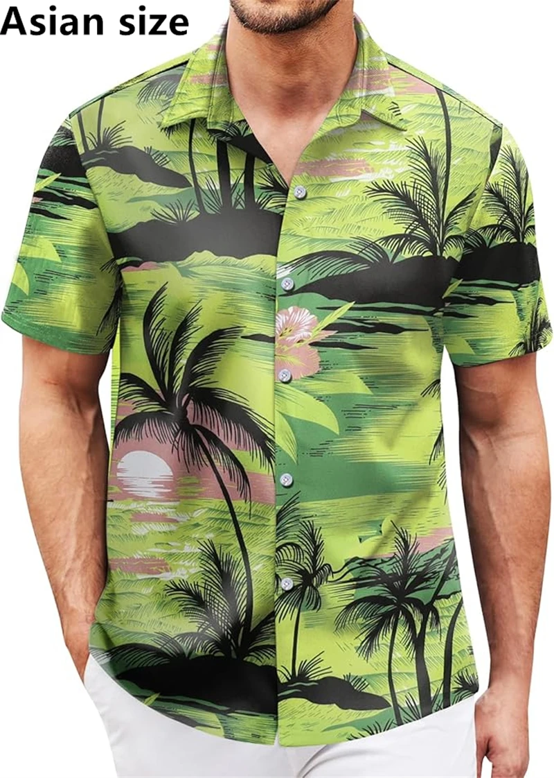 

Новая мужская рубашка на пуговицах, летняя уличная повседневная рубашка с коротким рукавом, топы, свободная мужская одежда большого размера с гавайским пейзажным принтом