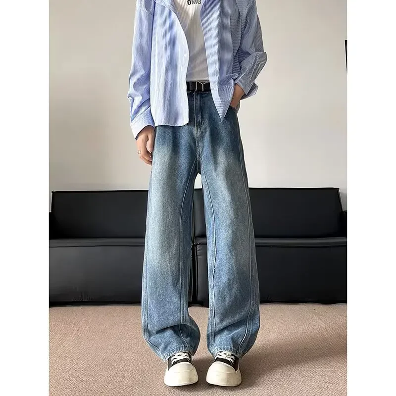 الرجال الربيع النمط الأمريكي خمر فضفاض عادية تنوعا تقسم الدينيم بنطال ذو قصة أرجل واسعة 2025 جديد غسلها أسود مستقيم الساق الجينز #1