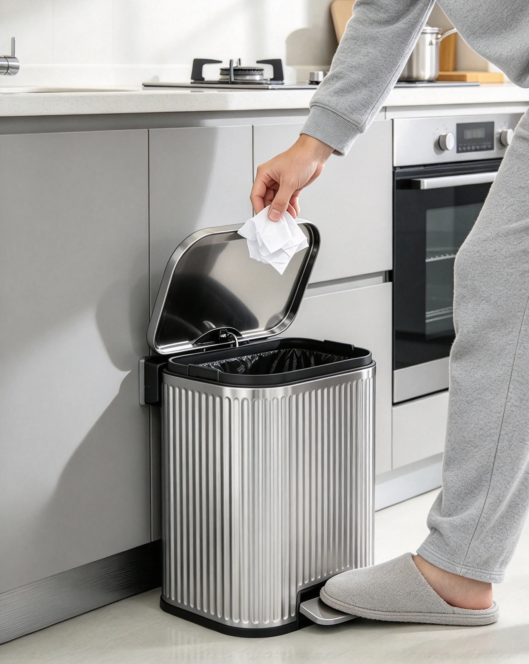 12L/3 Gal Soft-Close Stainless Steel Step Trash Can with Removable Inner Bucket, Rectangular Fluted Pedal Garbage Can with Lid, Odor Control & Anti-Slip Base for Kitchen/Bathroom/Office