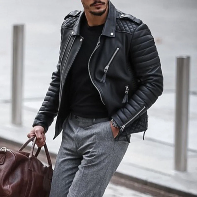 

Men's Winter PU Leather Jaet Collar Zipper Color Pred Cotton Long Sle Casual Faion Fake Leather Coat