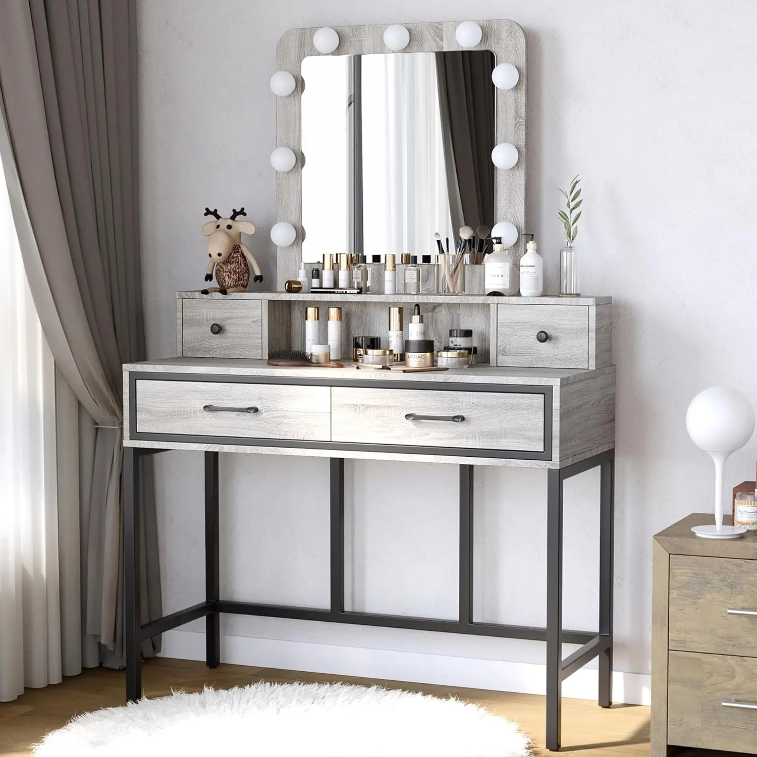 

RoyalCraft Vanity with Lights, Makeup Vanity Desk with 3 Color Dimmable Lighted Mirror, Grey Vanity with 4 Drawers