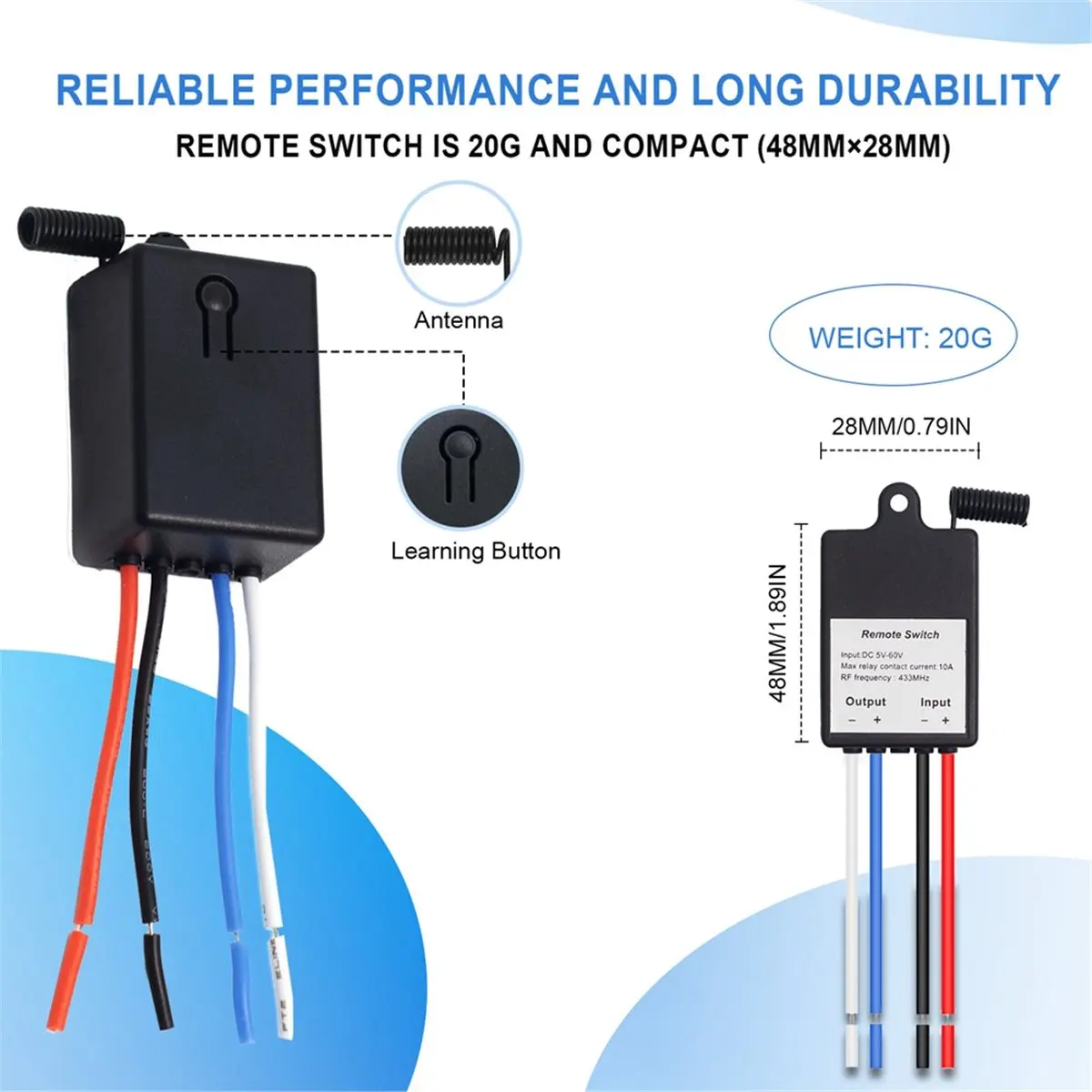 Digital Essentials 433MHz Wireless Relay Switch, DC 5-60V 10A Remote Control Transmitter Receiver for Smart Home Automation