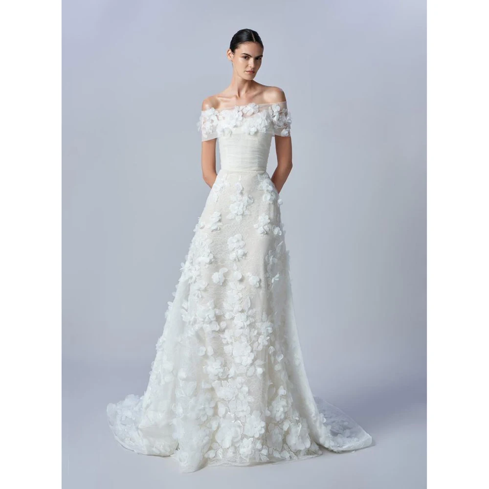 Off-Shoulder Slim Fit White Wedding Dress with 3D Floral Embroidery Tulle A-Line Bridal Gown Elegant Train Formal Party Dress