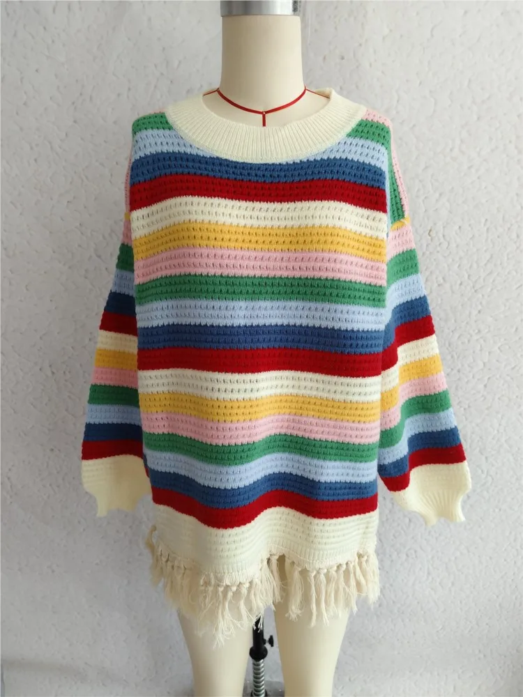 Colorful Striped Fashion Knitted Sweater Autumn Winter Retro Tassel Women's New Casual Round Neck Sweater Свитер Женский 5