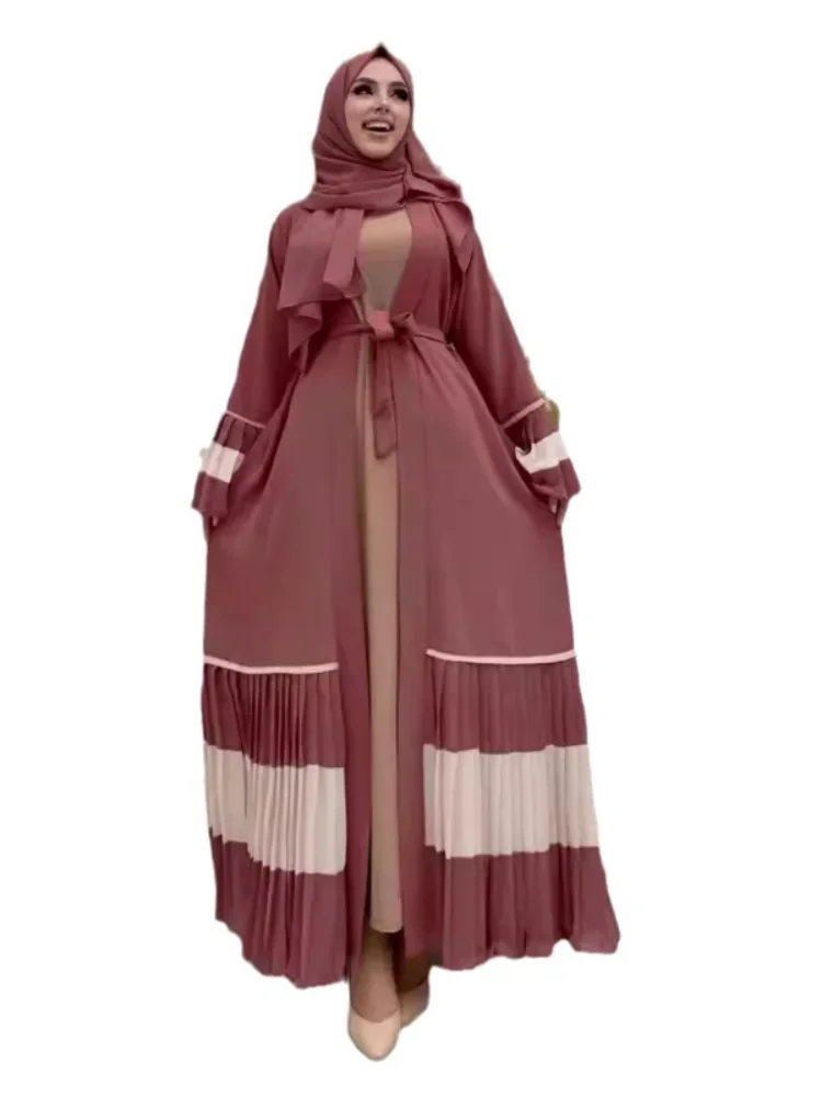 Temperament Elegant Middle East Women Abaya Robe Patchwork Pleated Cuffs Clashing Skirt with Belt Elegant Female Cardigan Robes