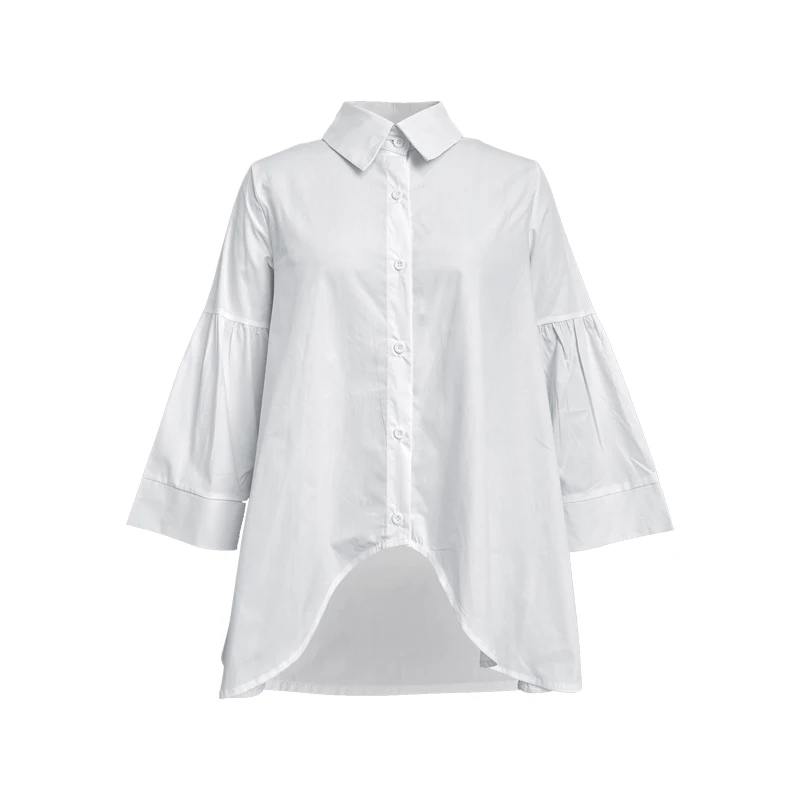 

UOOZEE Women's Flared Sleeves Asymmetric Hem Lapel Blouses Trendy Casual Buttoned Solid Color Loose Cotton Blend Shirts Tops