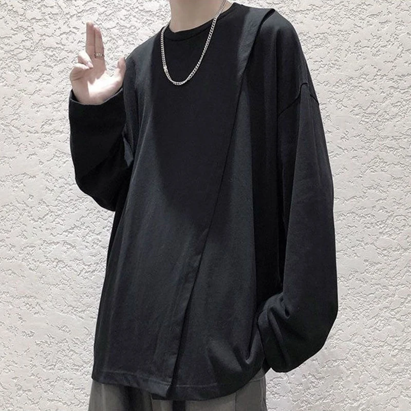 Side Slit Men O Neck Long Sleeve Sweatshirts 2022 Autumn Spring Loose Fashion T Shirt All-match Casual Harajuku Oversize Clothes