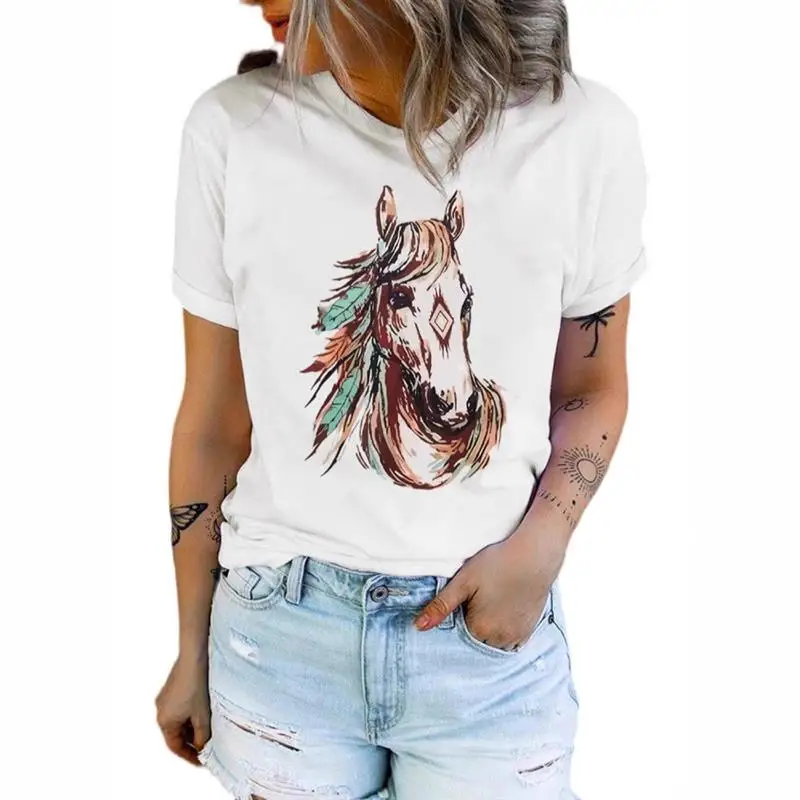 

Casual round Ne ort Sve T-irt Women's Loose Fit Printed Design Breathable Spring Summer New Sle Polyester Fabric