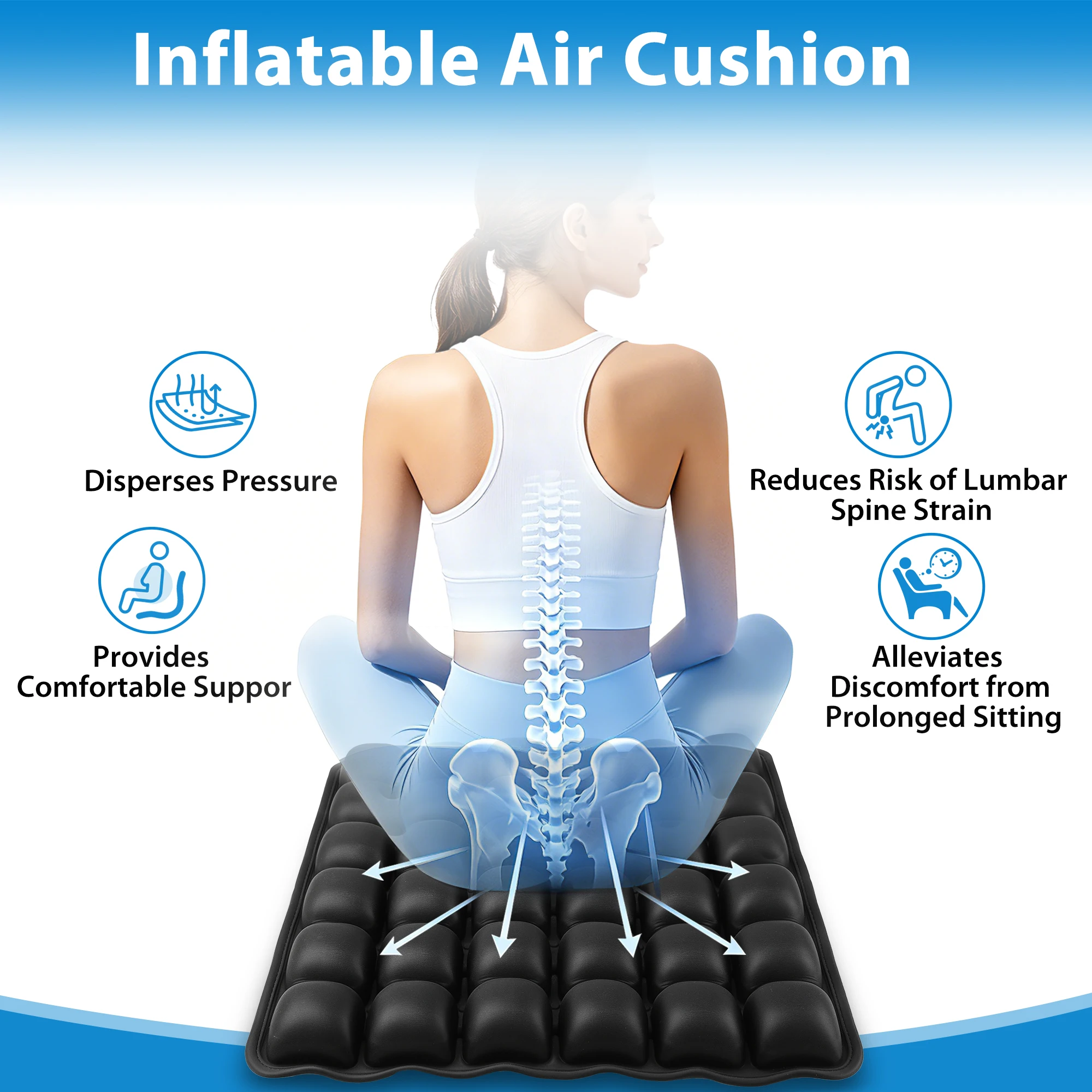 Inflatable Seat Cushion, Portable Air Cushion with 36 Air Cells, Foldable Chair Pad for Office Car Travel Camping, Adjustable