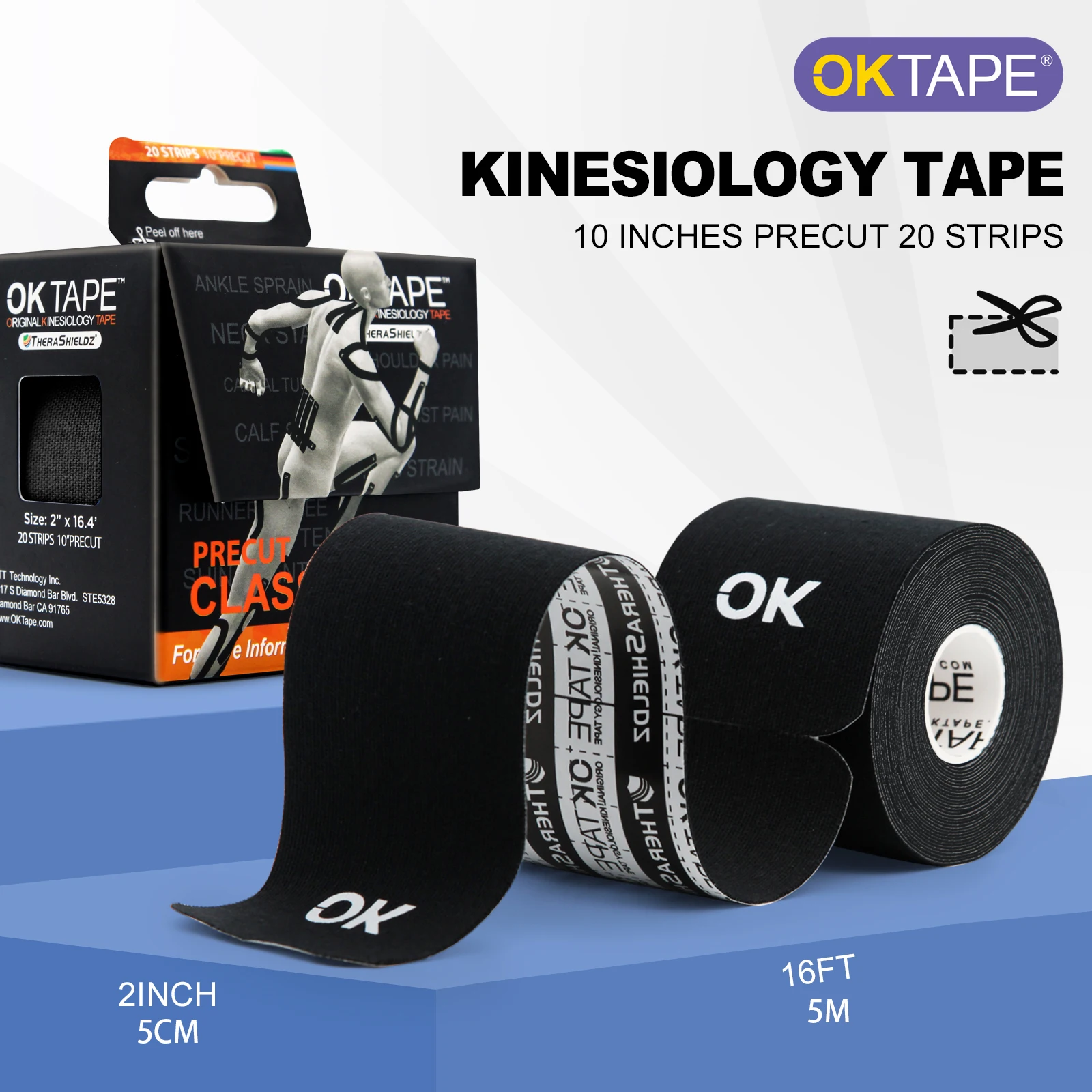 OK TAPE Kinesiology Tape 5CM X 5M Precut, 20 Strips, Latex Free Elastic Athletic Bandage, Gym Fitness Ankle Knee Finger Arm