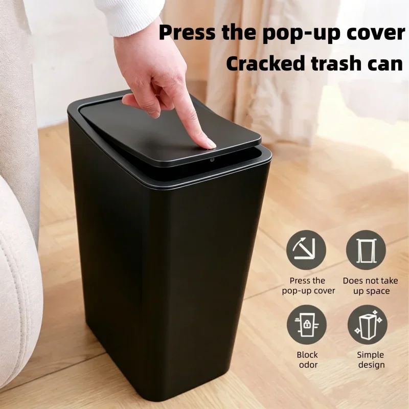 Press-Top Pop-Up Slim Trash Can For Tight Spaces, One-Touch Lid Opening, Airtight Odor Lock, 10L Capacity Bathroom Trash Can