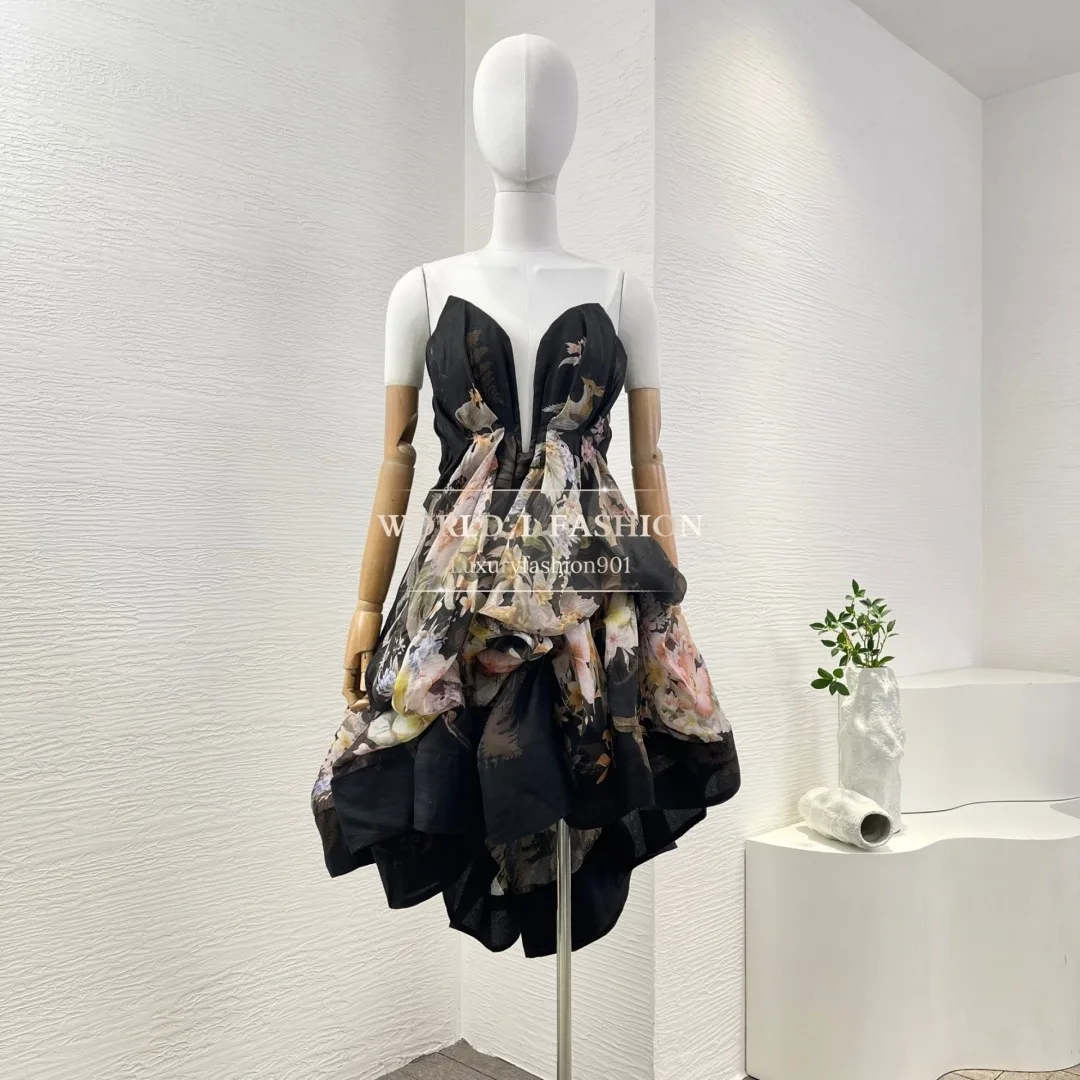

High Quality Black Floral Print Sleeveless Backless Tube Irregular Hem Mini Dress