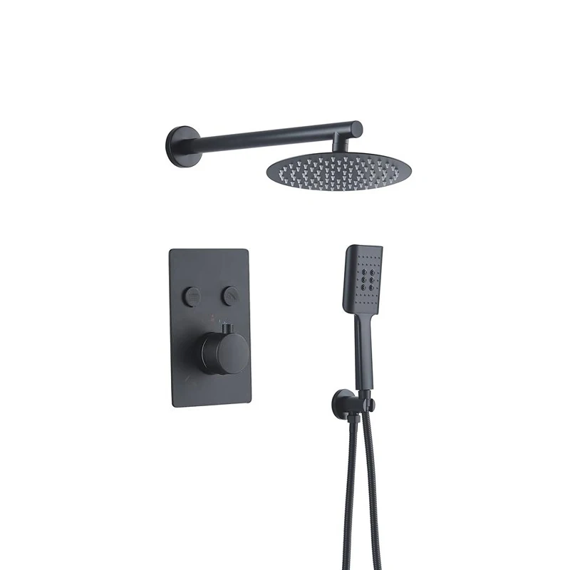 Azeta Thermostatic Control Shower System Black Brass Bathroom Wall Mounted Rainfall Concealed Shower Set AT6818