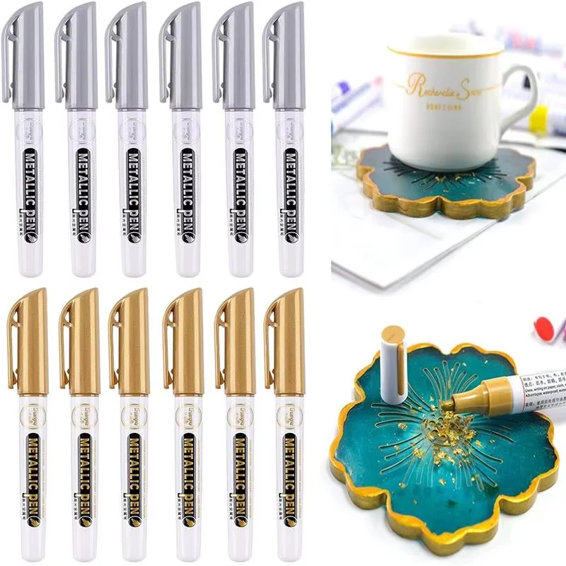 

Guangna 6pcs Gold Silver Metallic Pen Resin Drawing Pen Acrylic Paint Highlights Permanent Marker For DIY Epoxy Resin Handmade