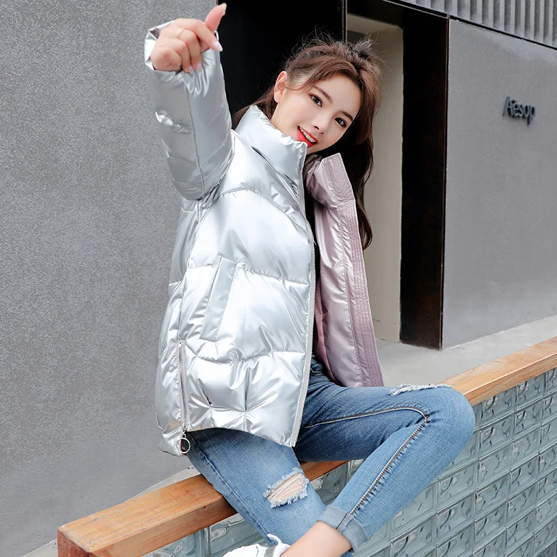 Winter Women Clothes Shiny Puffer Jackets Parkas Long Sleeve Cropped Jacket Warm Cotton-padded Jacket Korean Windproof Outerwear