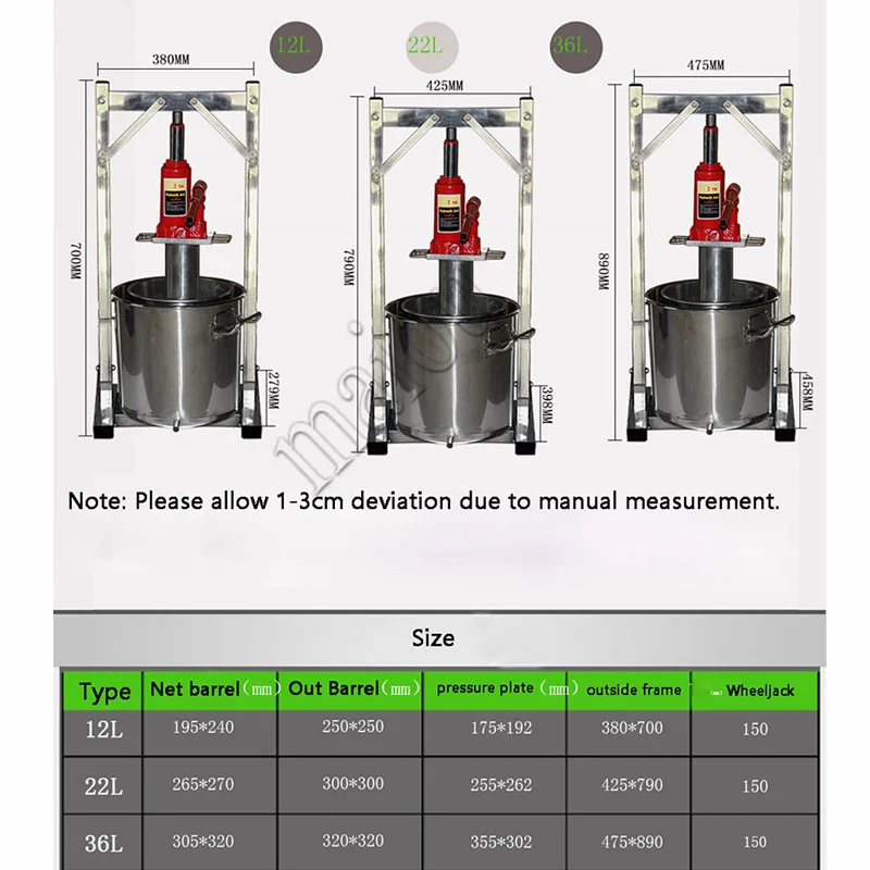Wyciskarka do owoców 12L z podnośnikiem hydraulicznym ze stali nierdzewnej wyciskarka do cydru kruszarka do winogron wino jabłkowo-pomarańczowe