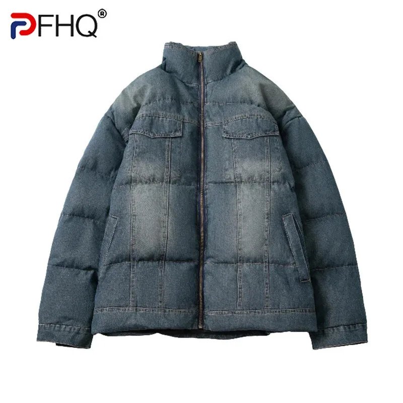 PFHQ Men's Parka Coat Denim Cotton Padded Thickened 2024 Stand Collar Zipper Vintage Long Sleeve Male Tops Casual 24E5857