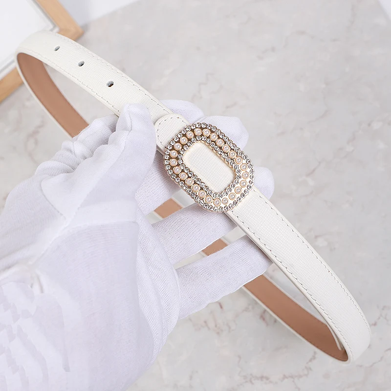 

Fashion Women's Belt Elegant Pearl Shiny Rhinestone Rectangle Buckle Soft Genuine Leather Belts Fashion Pants, Dress Waistband