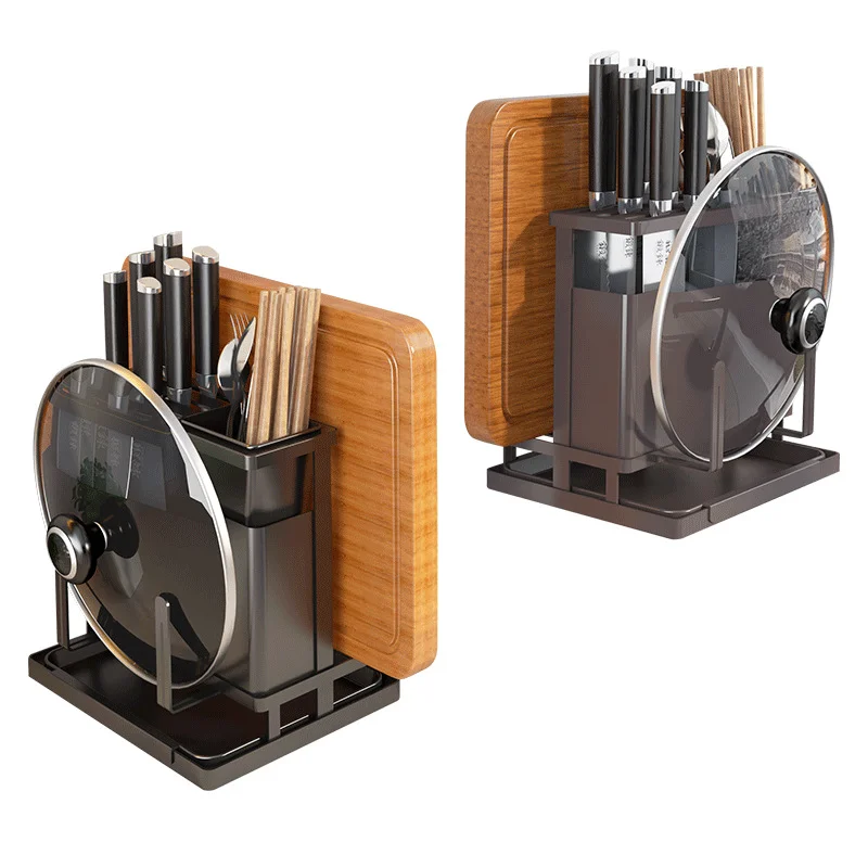 Kitchen Storage Rack Wall Hanging Countertop Knife Holder Chopstick Basket Chopping Board Pot Cover Storage Rack