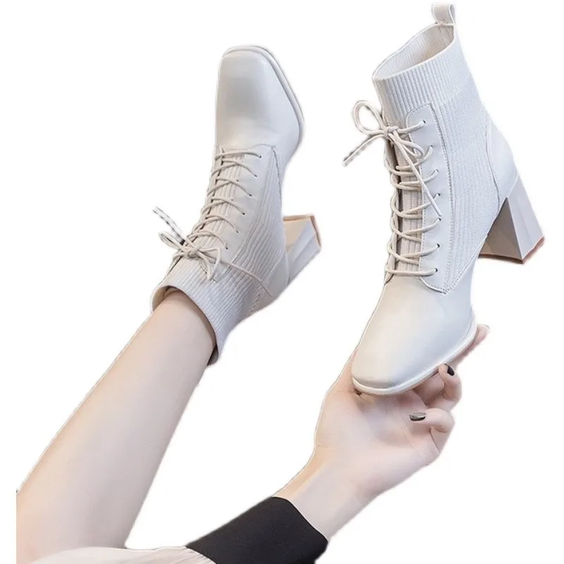 

New Women Knit Socks Shoes Stretch Fabric Women Luxury Ankle Boots Pointed Toe High Heels Slip-On Sock Heeled Fashion Boots