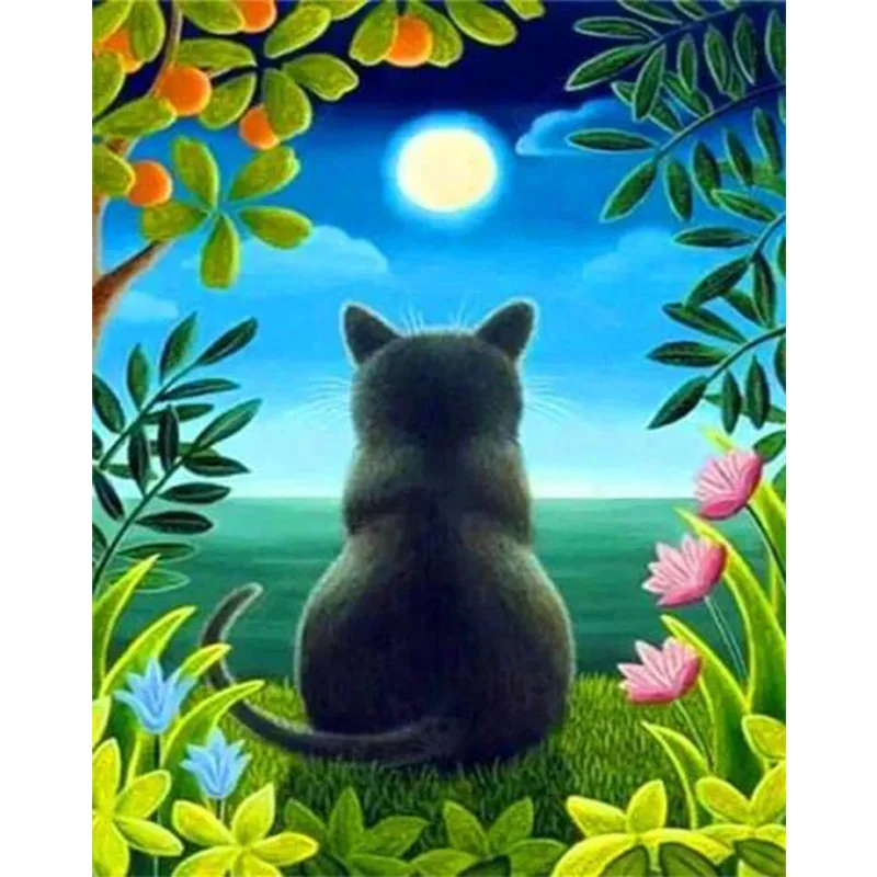 AB Diamond Diamond Painting Black Cat in Moonlight Xiahuayuan District Embroidery Kit Wall Decoration Hanging Painting