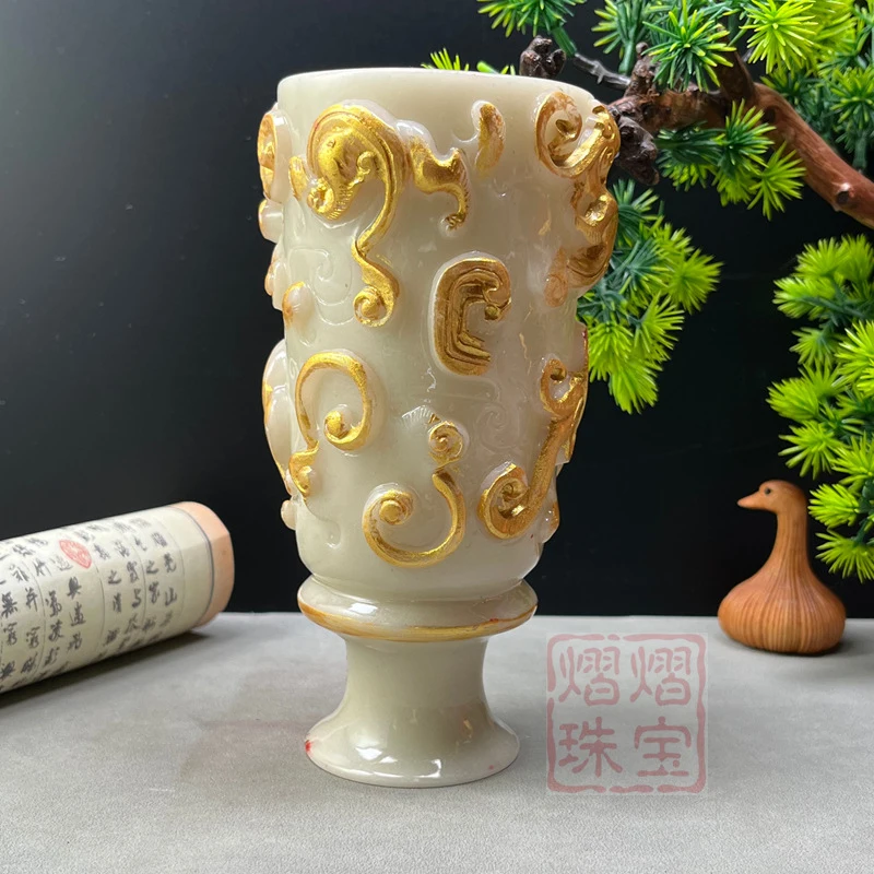 Luminous jade cup, dragon and phoenix cup, nine-dragon wine cup, wine bottle, elegant home decoration for living room and study,
