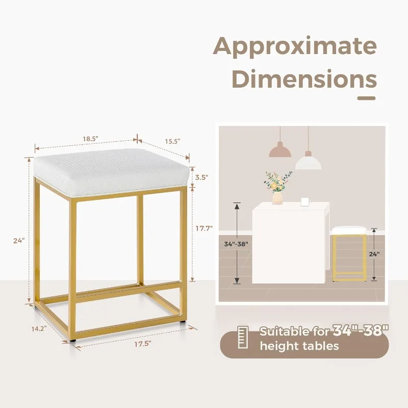 Conjunto de 3 bancos de bar Art |   branco e dourado com moldura de metal e interior em couro sintético |   Banco de bar de cozinha 24 "