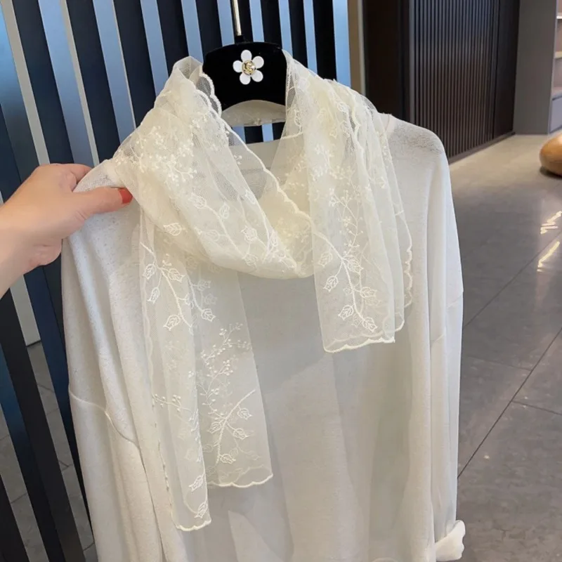 

Summer Long Scarf White Floral Lace Edge Ribbon Lace Versatile Thin Long Small Yarn Scarf for Women Girls Fashion Accessories