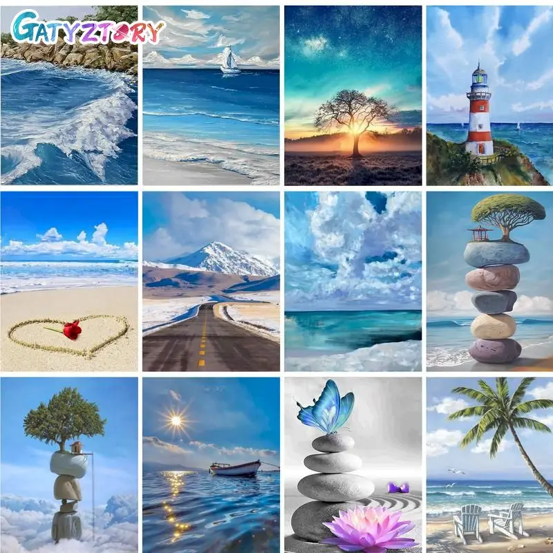 

GATYZTORY Frame Picture Diy Painting By Numbers Kits Landscape Tree Seaside Coloring By Numbers Handicrafts For Personalized Gif