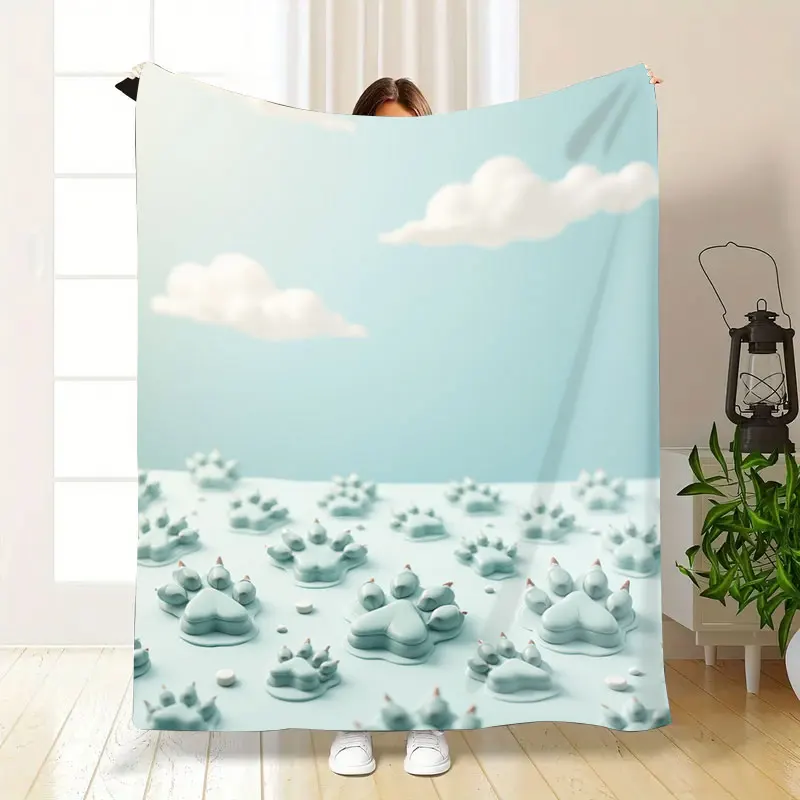 Couverture en flanelle imprimée nuage et patte, 1 pièce, mignonne, pour une décoration confortable de la maison, douce et moelleuse