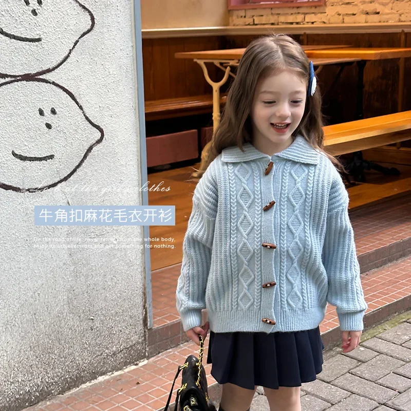 Wla.com-Pull en cachemire doux pour bébé fille de taille moyenne, torsades de pâte frite, pull à revers boutonné pour enfants, œuvres d'art de vache