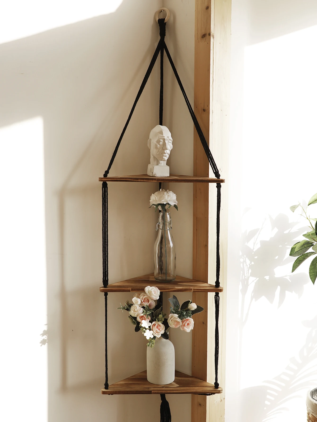 Wooden Corner Shelf Wall Decor Pot Storage Display Stand Macrame Floating Shelf Wall Organizer Boho