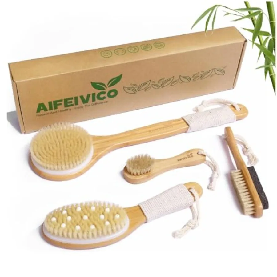 Dry Brushing Body Brush, Natural Boar Bristle Dry Brush, Bamboo Exfoliating Body, Face, Foot, Long Handle Back Scrubber Brush,
