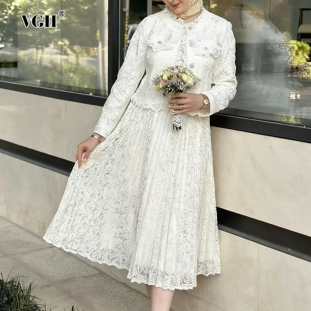 

VGH Элегантный кружевной комплект из двух предметов для женщин с круглым вырезом и длинными рукавами, плиссированная юбка-миди с высокой талией, офисный женский костюм