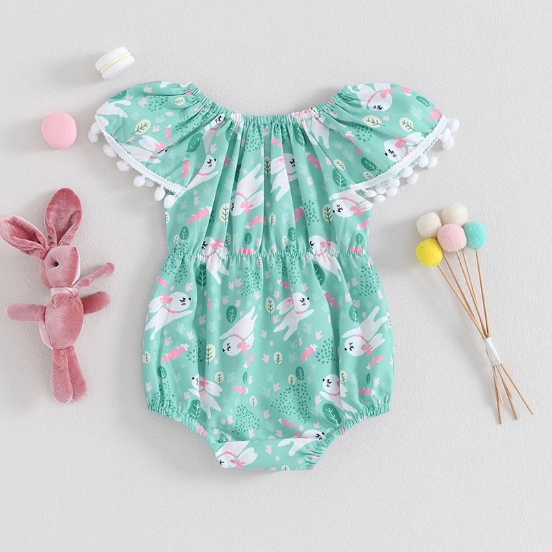 

Easter Bunny Baby Girl Romper Off Shoulder Short Sleeve Tree Print Bodysuit Infant Outfit with Bunny Ears Headband