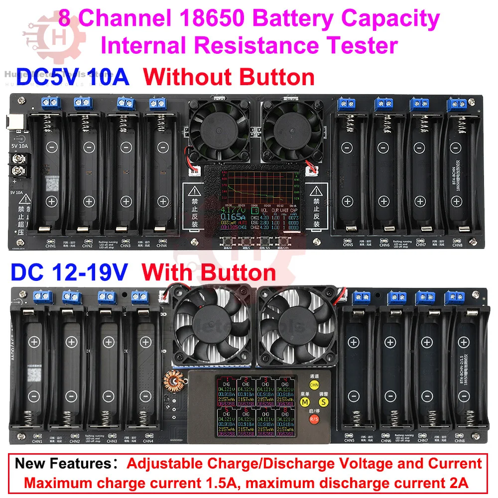 

8 Channel 18650 Battery Capacity Internal Resistance Tester 2.4-inch Color Screen Digital Battery Power Detector Module