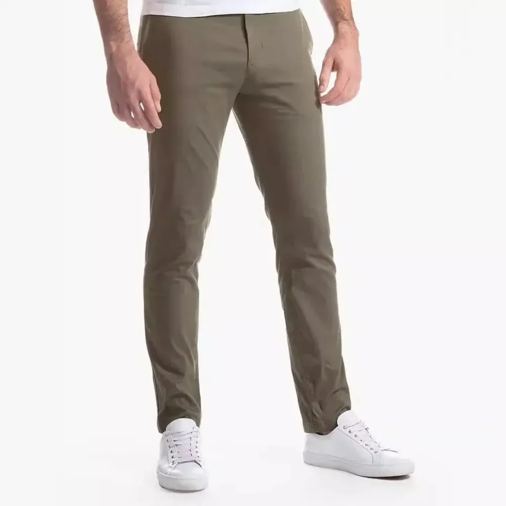

Autumn Men Casual Pants High Elastic Mid Waist Business Slim Fit Solid Color Pockets Straight Basics Ankle Length Male Trousers