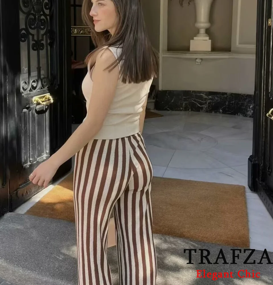 TRAFZA Casual Striped Knit Vest Set Women New 2024 Spring Summer Fasion Vacation Vest Pant Set Sleeveless Top Elastic Waist Pant