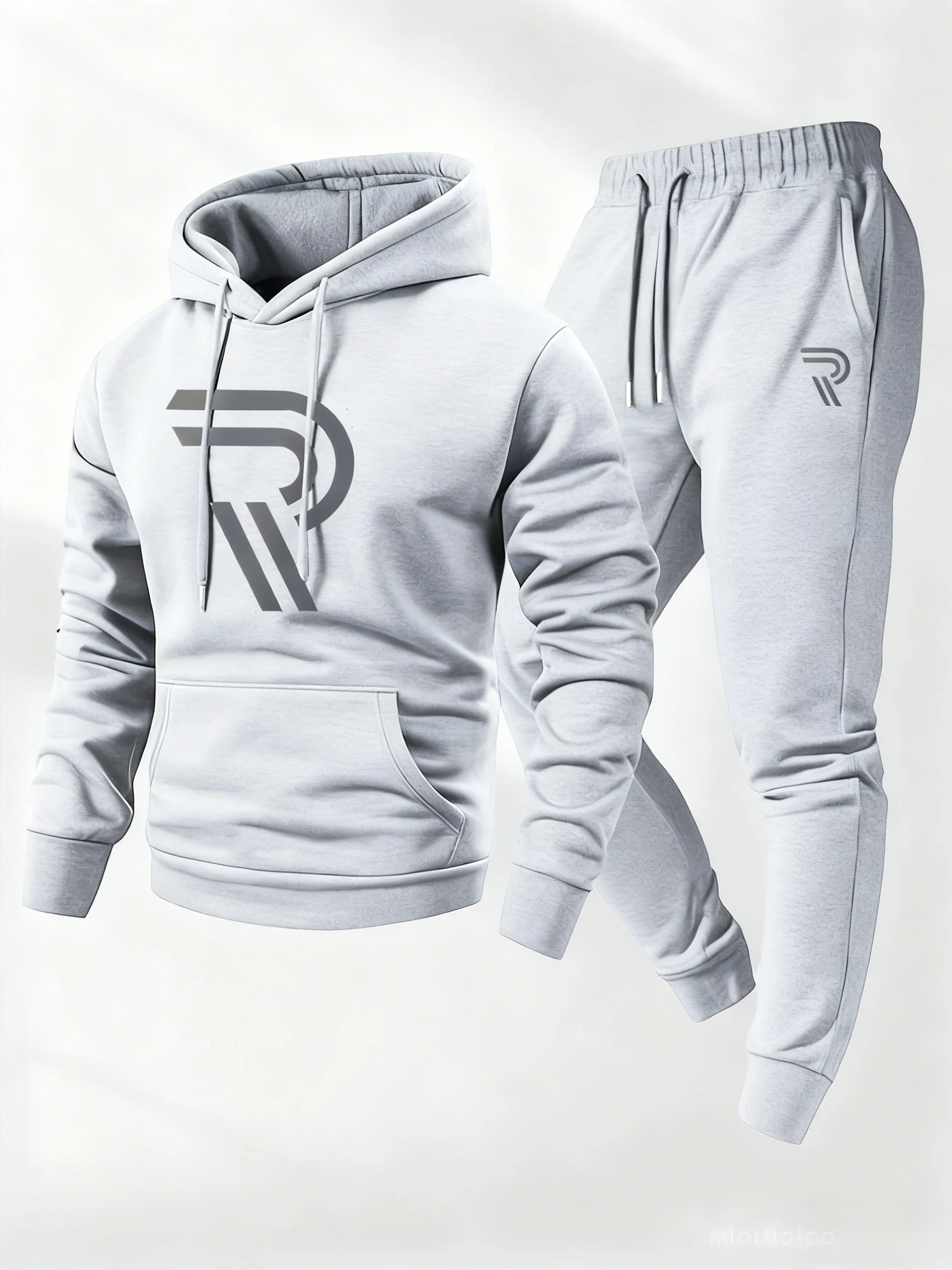 Ensemble sweat à capuche et pantalon de sport deux pièces pour hommes, gris avec logo noir, tissu non extensible, style régulier, poche, suitab