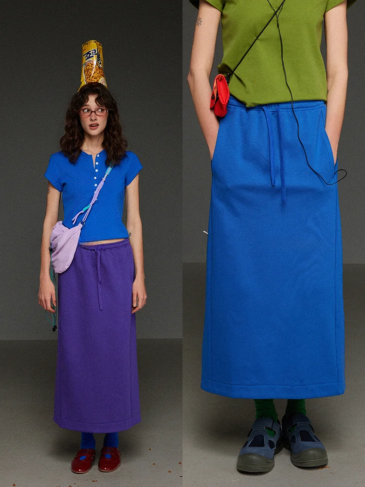 TNIT Retro Casual Elastic Waist Drawstring Split Straight Half-length Skirt Women's Spring Summer Versatile Long Skirt