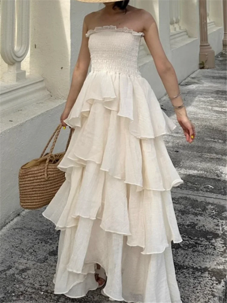 Férias de verão sem alças cinza damasco em camadas babados bolo vestido longo estilo tribunal francês feminino slash neck sem mangas vestido de praia