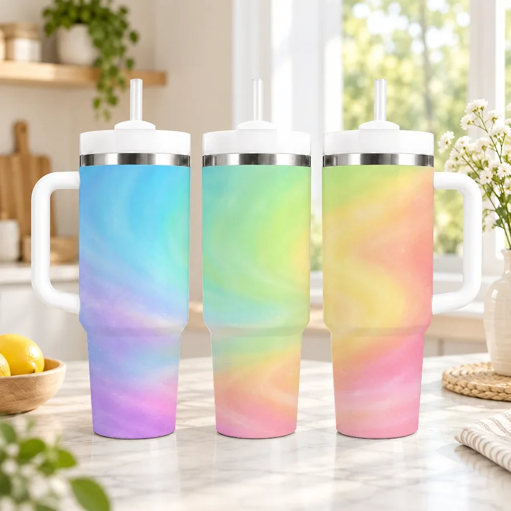 Pastel Rainbow Girls Gift Vacuum Flasks 40oz em Aco Inoxidavel com Alca e Canudo, Caneca de Viagem a Prova de Vazamentos