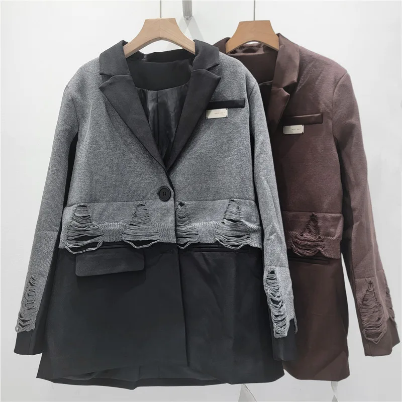 

Женский костюм SuperAen: Новинка осени 2026 – Свободный вязаный пиджак с лацканами и длинными рукавами, в стиле пэчворк