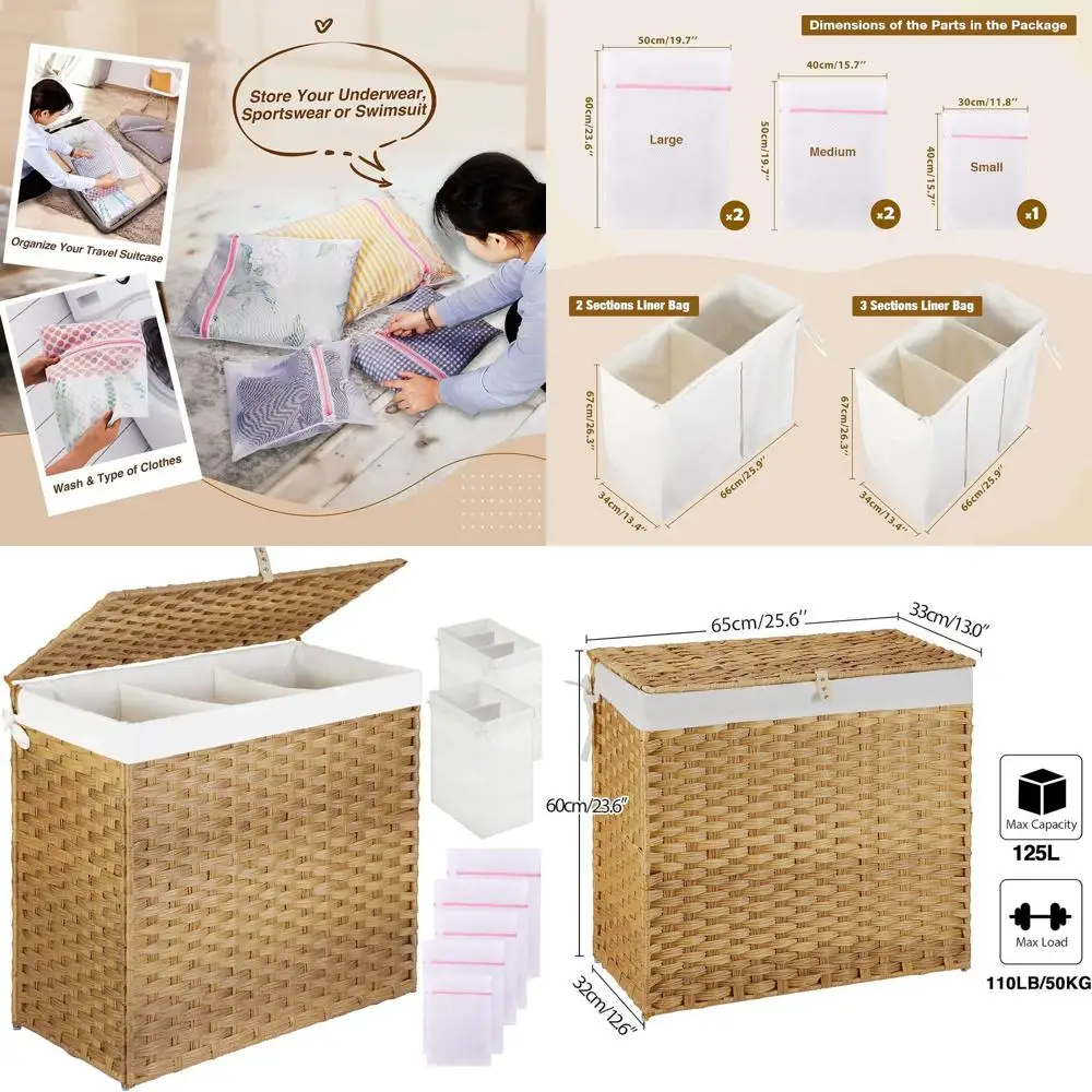 

Laundry Hamper with Lid, 125L Large Clothes Hamper with 3 Section & 2 Section Removable Liner Bags & 5 Mesh Laundry Bags, Handwo