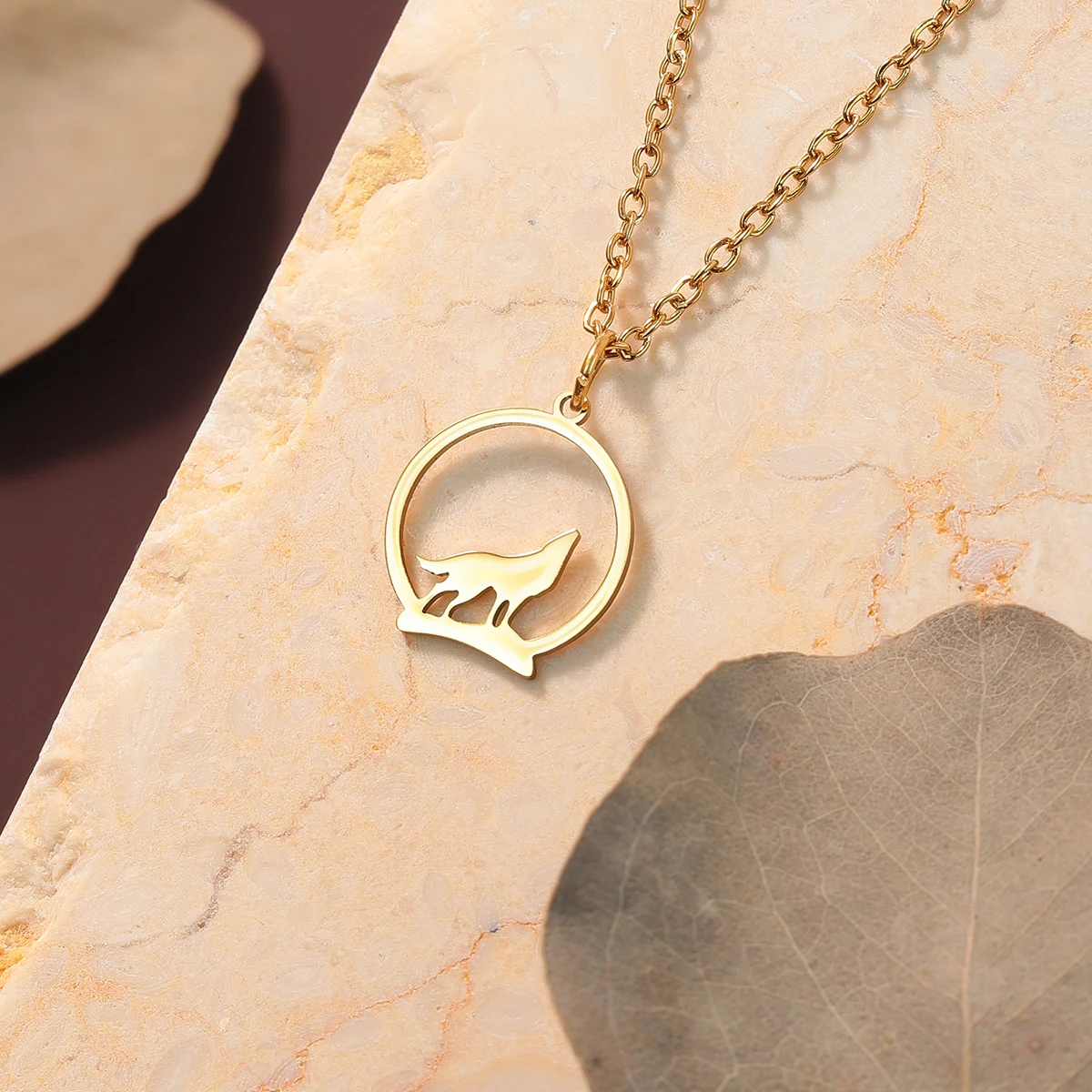 Todorova Stainless Steel Hallow Round Wolf Pendant Necklace Fashion Animal Jewelry for Women Men Birthday Gift