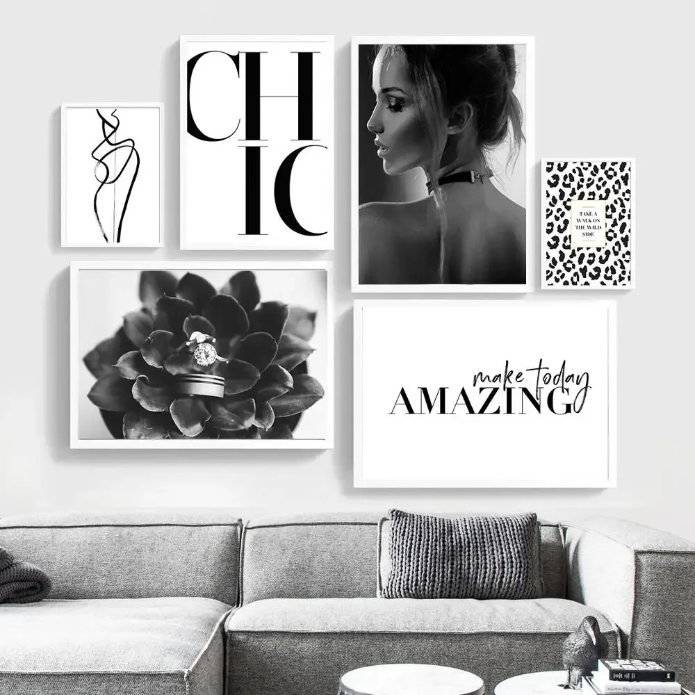 Fashion Black And White Sexy Poster Flower Women Motivational Text Canvas Wall Art Prints Abstract Painting Wall Hanging Decor