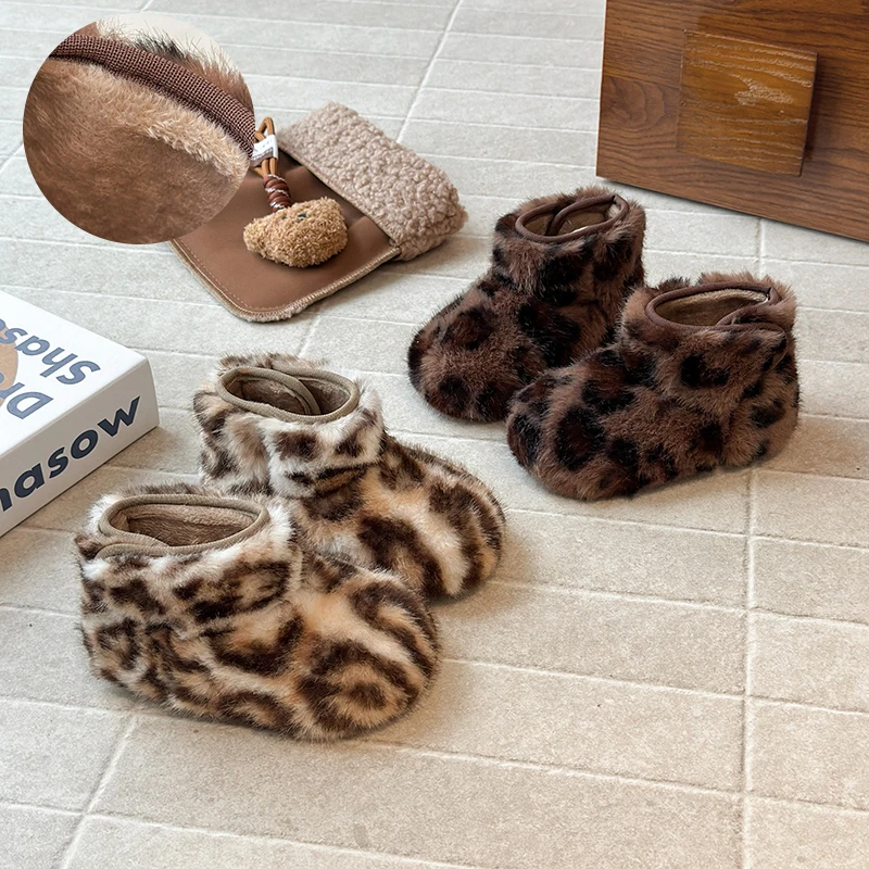 

Luxury Thick Fur Boots Kid Girl Fluffy Warm Booties Children Winter Round Toe Kids Snow Boots Slip-on Outdoor Cotton Shoes