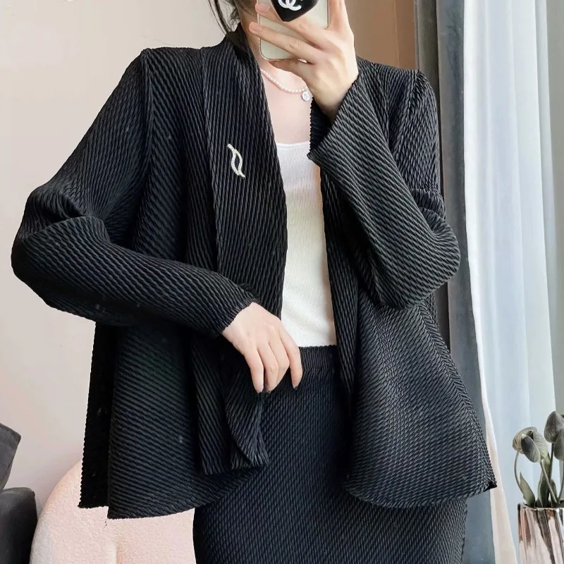 

Miyake женская куртка с длинными рукавами и лацканами, плиссированный кардиган, осень 2022, новая корейская однотонная блузка, тонкая верхняя одежда, женская одежда