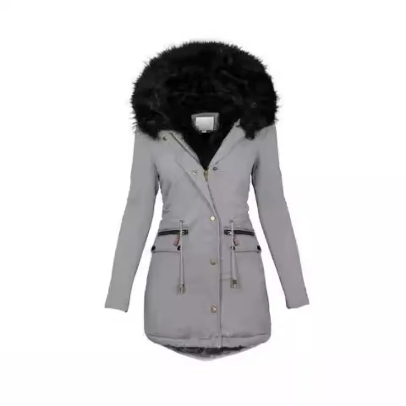 Women's Clothing Autumn/Winter for Europe and America Solid Color Faux Fur Collar Hooded Mid-length Thick Cotton Coat for Women